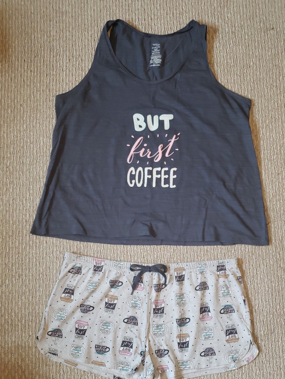 Secret Treasures Womens Gray Tank & Cream Coffee-Print Pajama Short Set